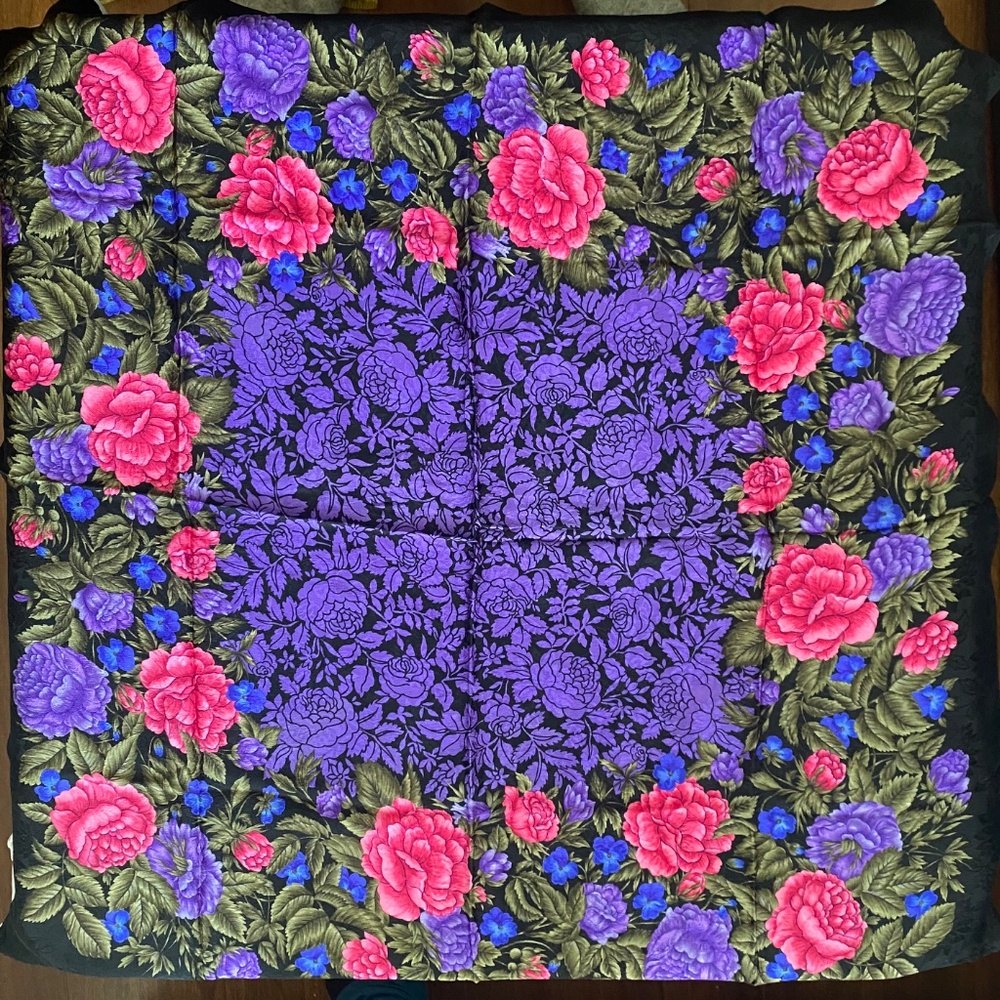 Vintage Albert Nipon 100% Silk Scarf - Bold Floral Garden on Black